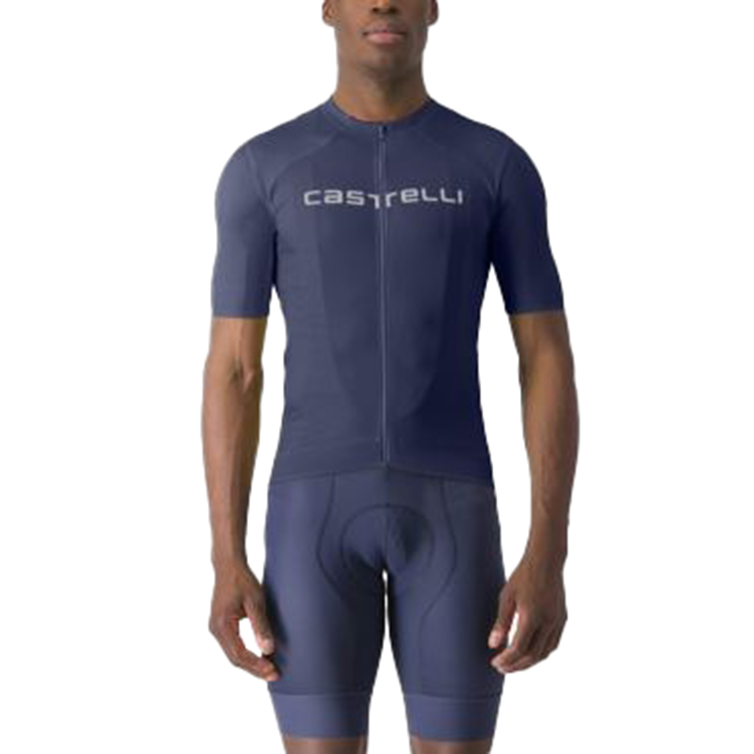 Castelli fietsshirt in blauw met bijpassende fietsbroek, te koop bij Triathlon24